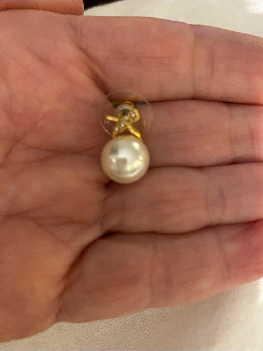 Talbots Gold Pearl Stud Earrings - White - Gold - Faux Diamond Accents - Picture 2 of 4